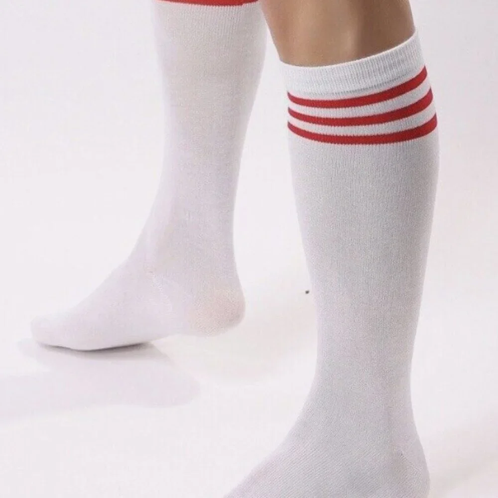 Men's Socks 80's Old School Classic White Red Striped Mid Calf Athletic Socks